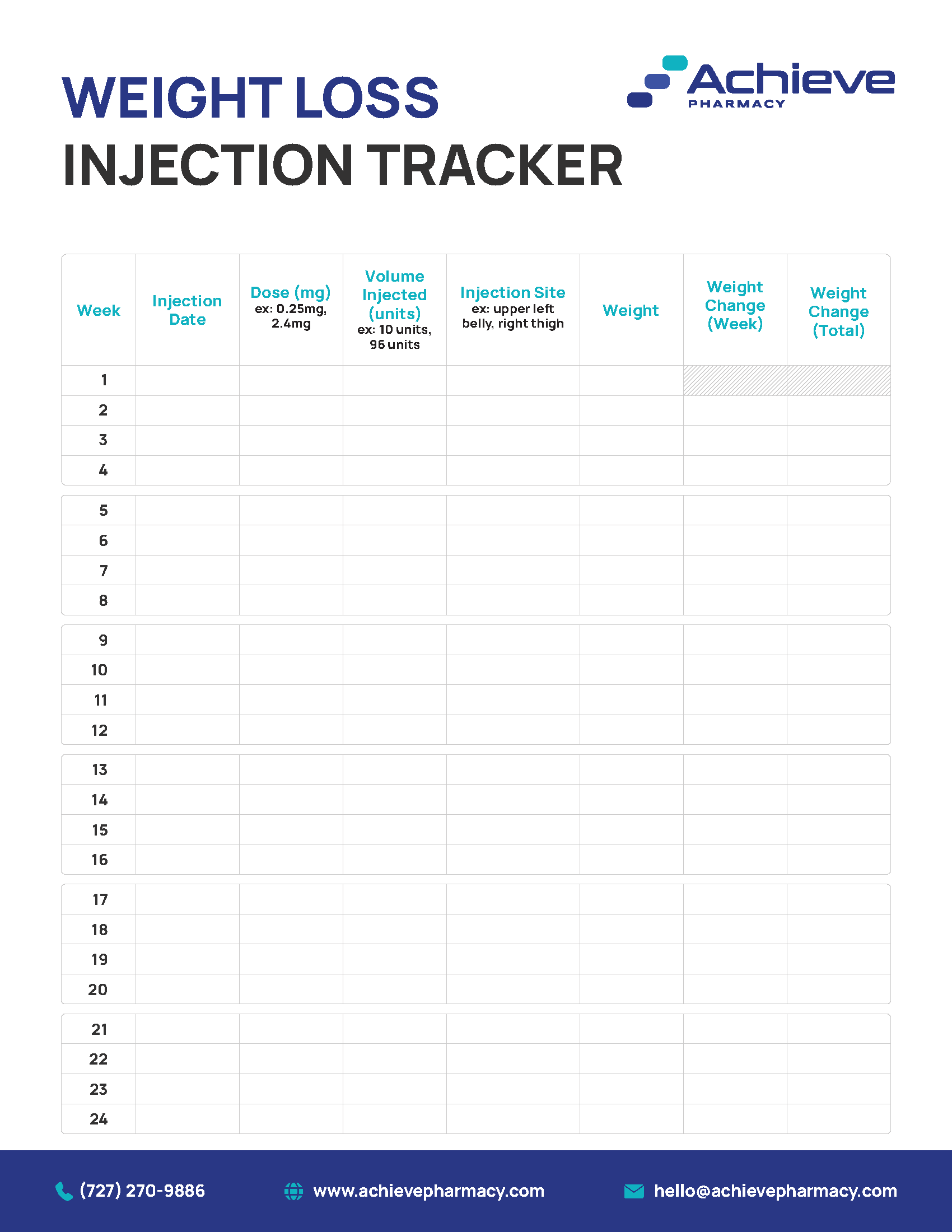 Achieve Pharmacy Weight Loss & Injection Tracker